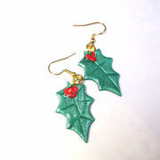 Green Holly and Berry Drop Christmas Earrings