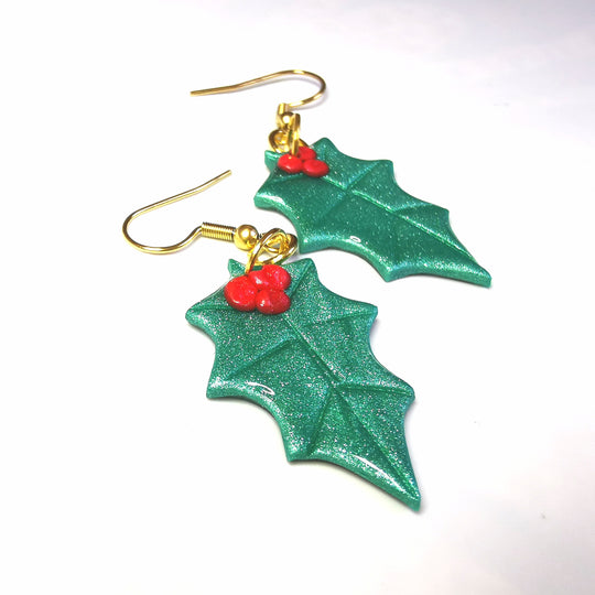 Green Holly and Berry Drop Christmas Earrings