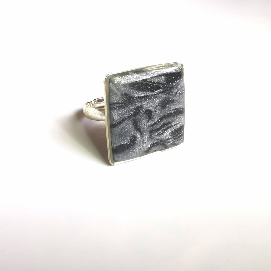 Marbled Silver Square Adjustable Ring