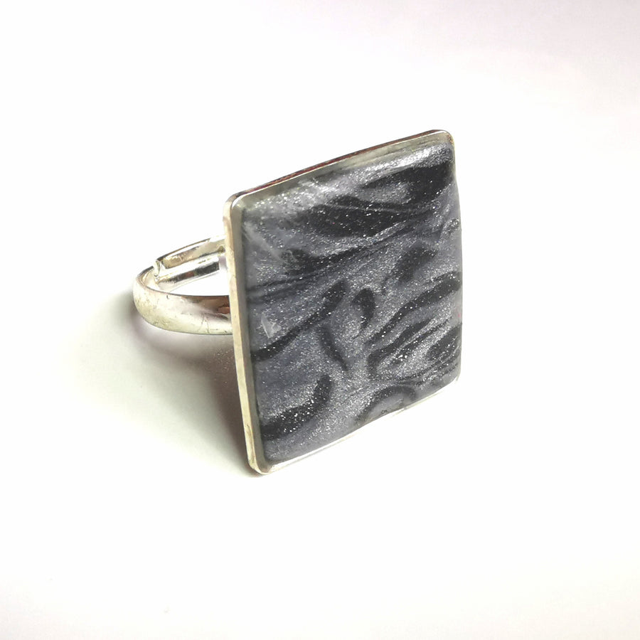 Marbled Silver Square Adjustable Ring