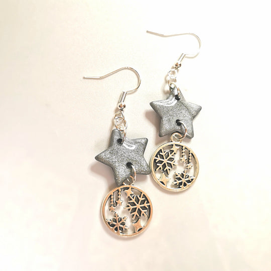 Sparkly Silver Star Topped Christmas Bauble Earrings