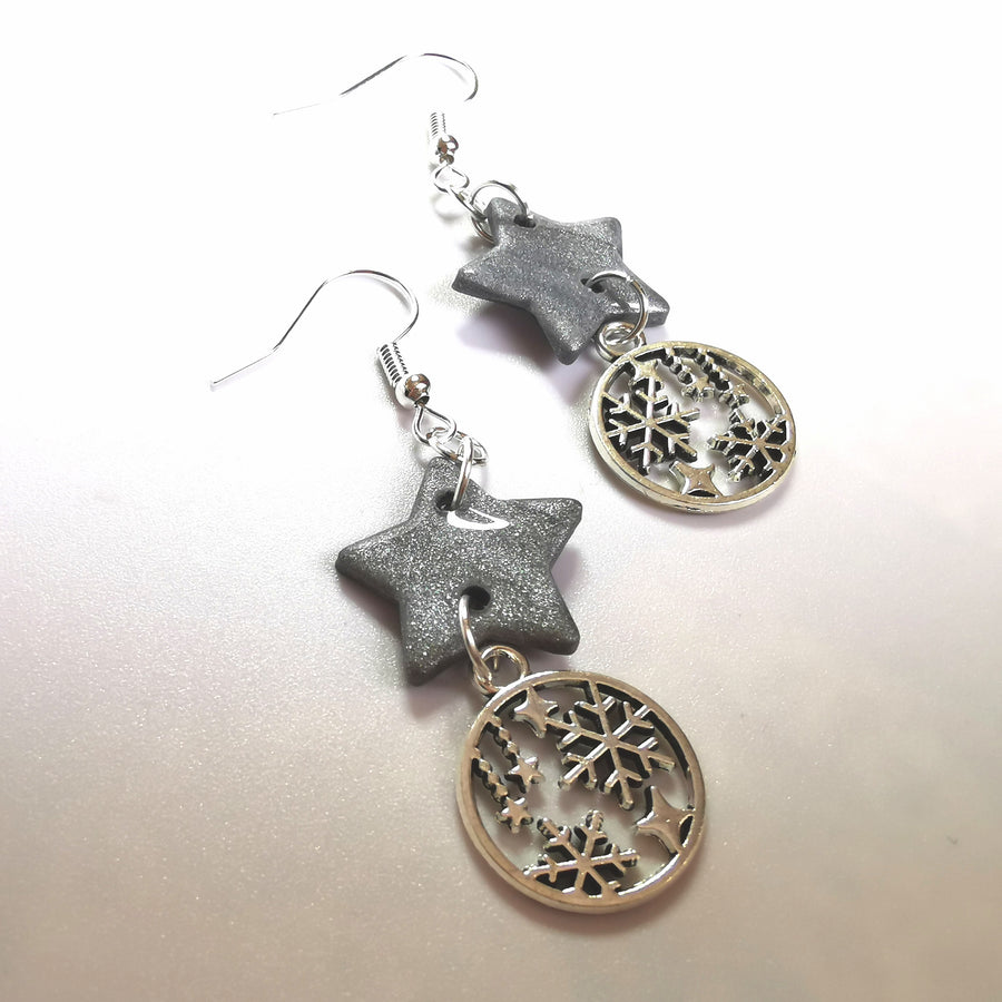 Sparkly Silver Star Topped Christmas Bauble Earrings