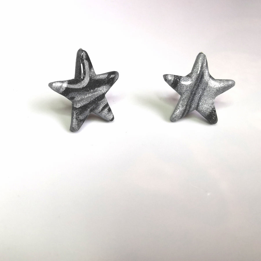 Marbled Silver Star Stud Earrings