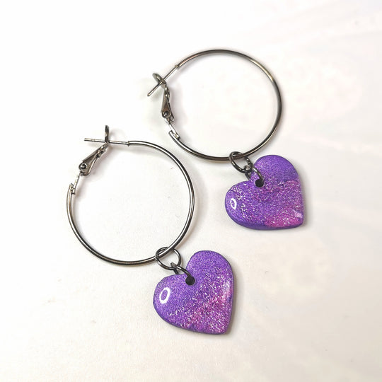 Sparkly Pink & Purple Hearts on Hooped Earrings