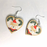 Wooden Christmas Fox Heart Earrings