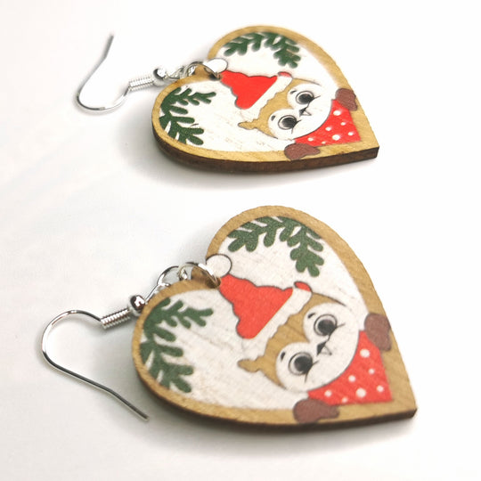 Wooden Christmas Owl Heart Earrings