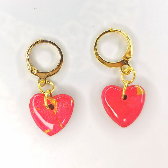 Sparkly Red & Gold Cute Hearts on Huggie Hoop Earrings