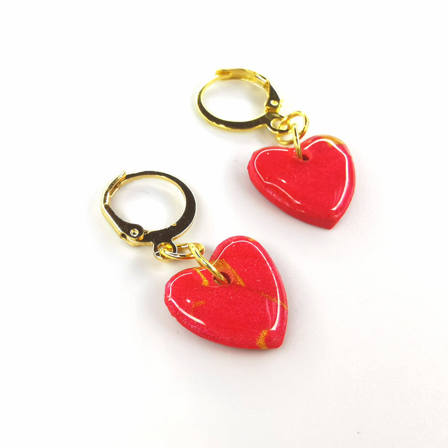 Sparkly Red & Gold Cute Hearts on Huggie Hoop Earrings