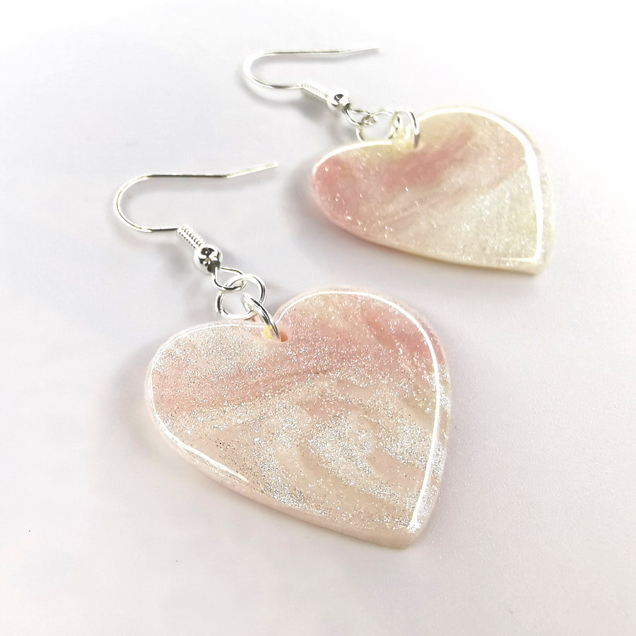 Semi Translucent Sparkly Pink & White Heart Earrings