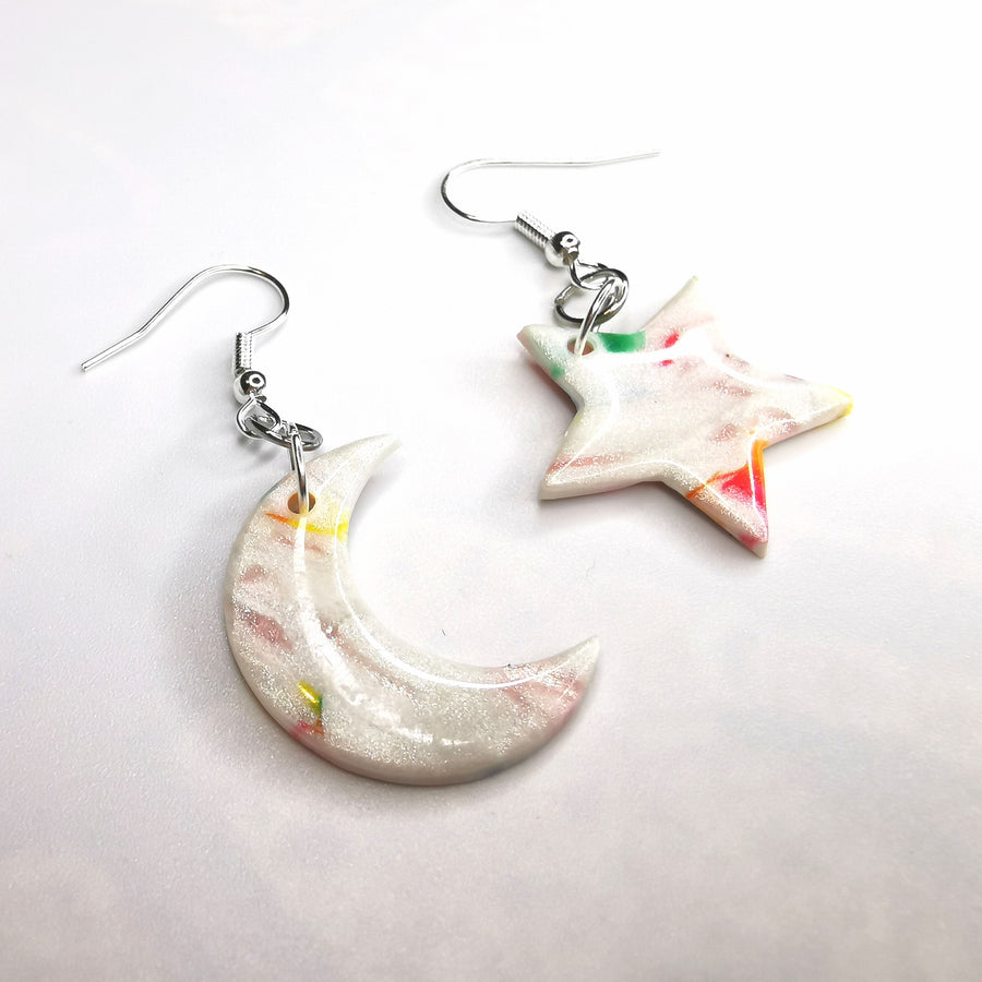 Sparkly White with Colours Moon & Star Earrings