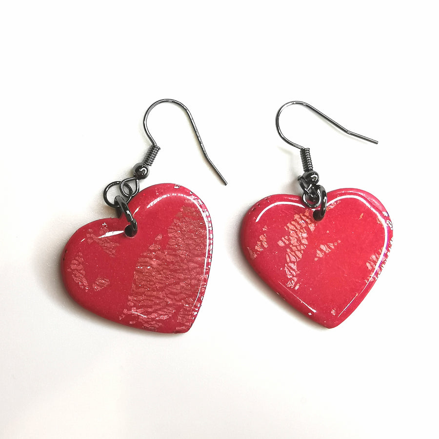 Sparkly Wine Red Foiled Heart Drop Earrings