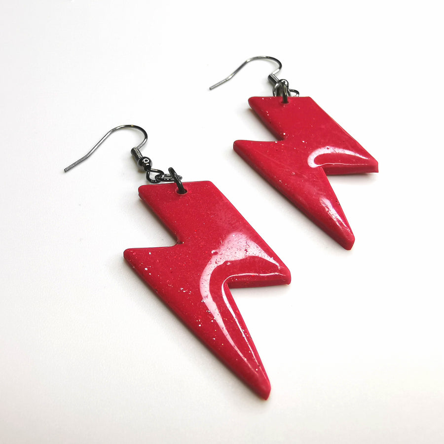 Sparkly Wine Red Foiled Lightning Bolt Drop Earrings