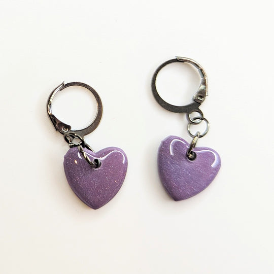 Sparkly Metallic Purple Heart Huggie Hoop Earrings