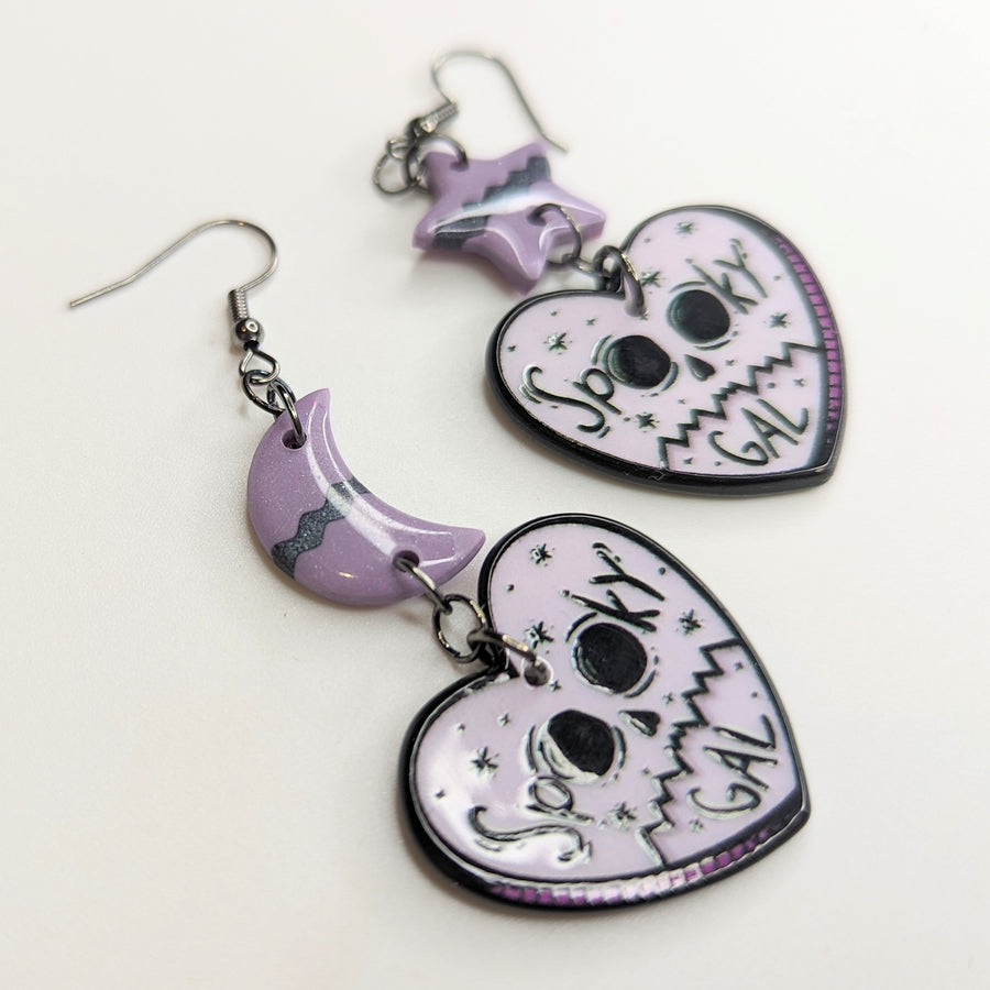 Spooky Gal Star & Moon Topped Lilac Heart Earrings