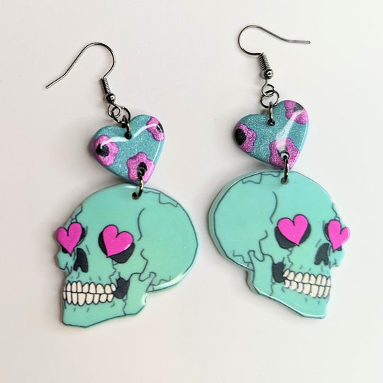 Heart Topped Pink Heart Blue Skull Statement Earrings