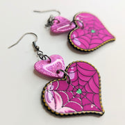 Pink Cobweb Heart with Pink heart Top Earrings
