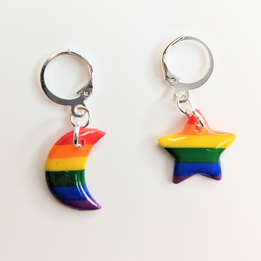 Pride Rainbow Star & Moon Huggies, LGBTQ+ Earrings