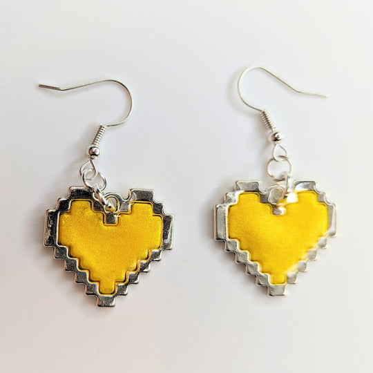 Sparkly Yellow Pixelated Heart Drop Earrings