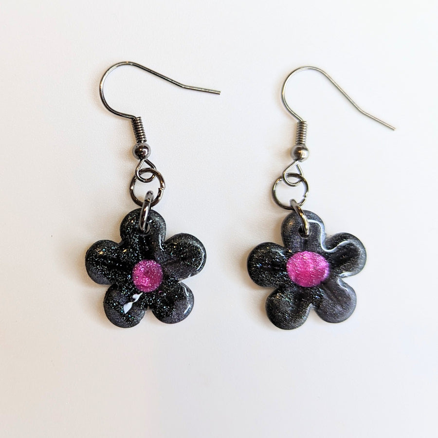 Black and Pink Flower Drop Earrings