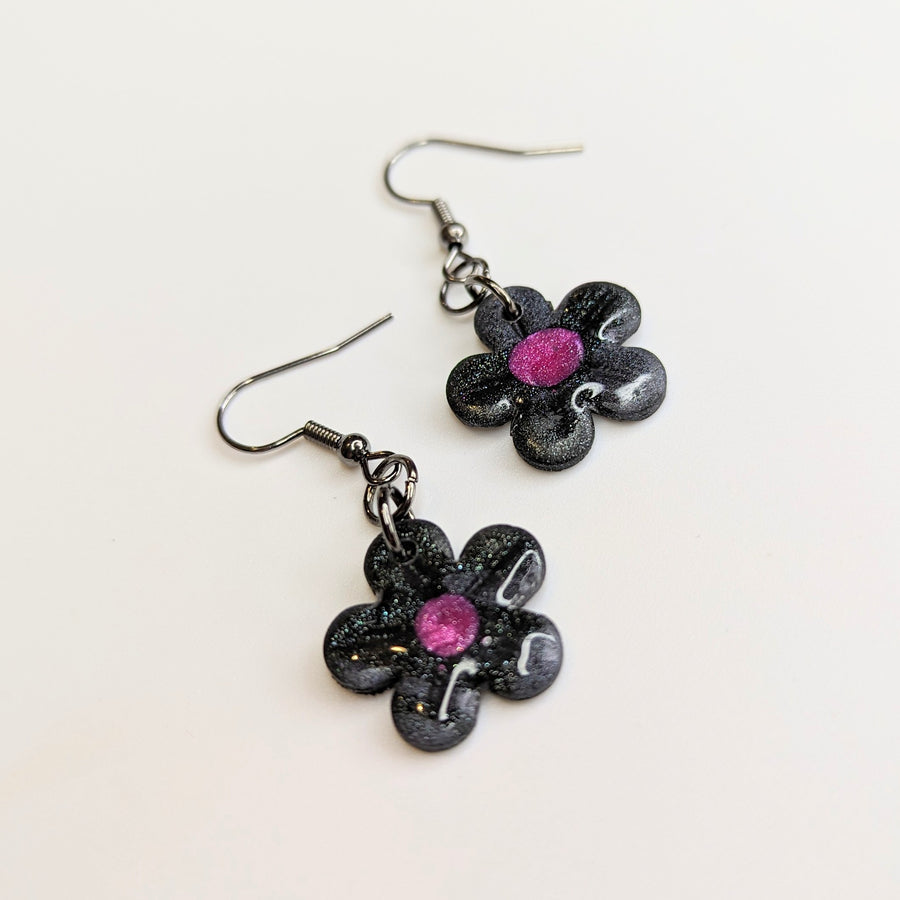 Black and Pink Flower Drop Earrings