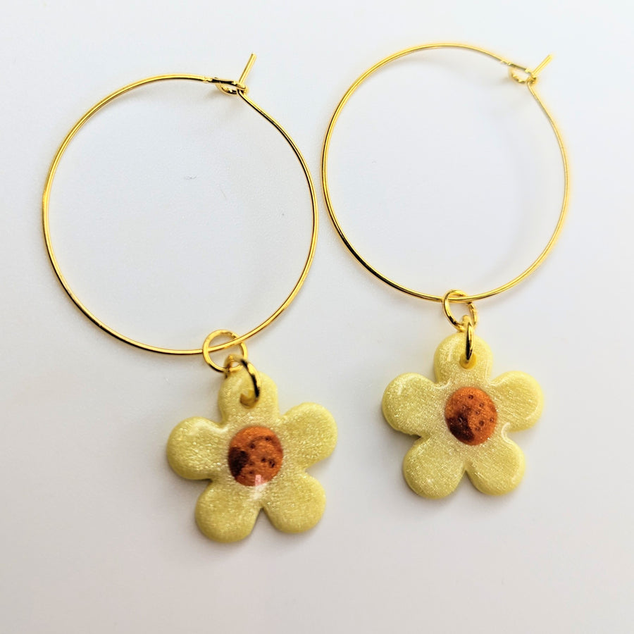 Sparkly Pale Yellow Flower Hoop Earrings