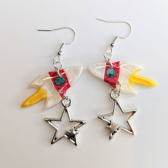 Space Rocket with Metal Star Charm Trapeze Earrings