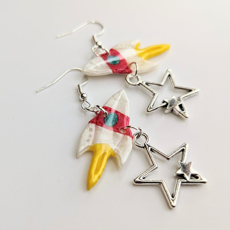 Space Rocket with Metal Star Charm Trapeze Earrings