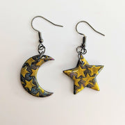 Gold Star Print Punky Star & Moon Drop Earrings