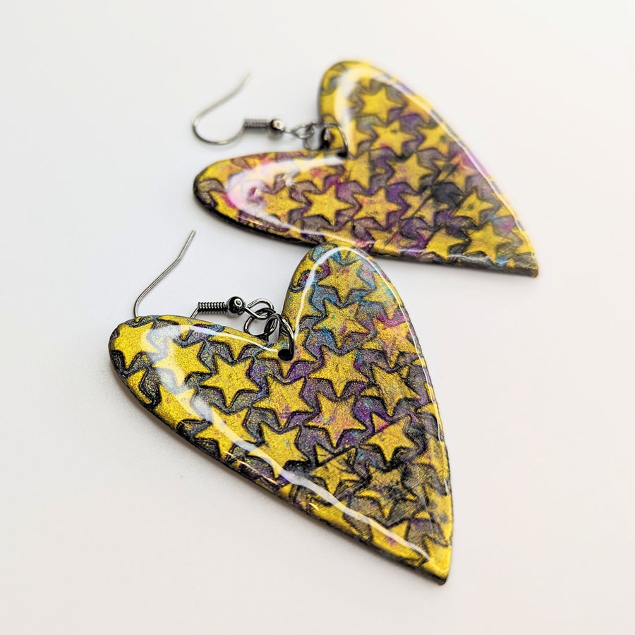 Gold Star Print Punky Oversized Wonky Heart Drop Earrings