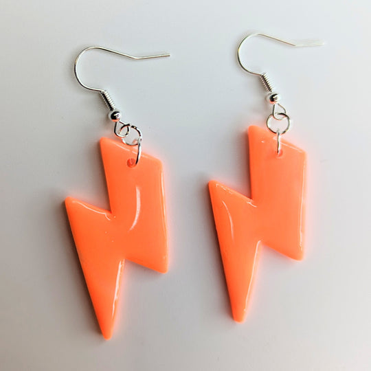 Marbled Neon Orange & Glow in the Dark Lightning Bolt Earrings