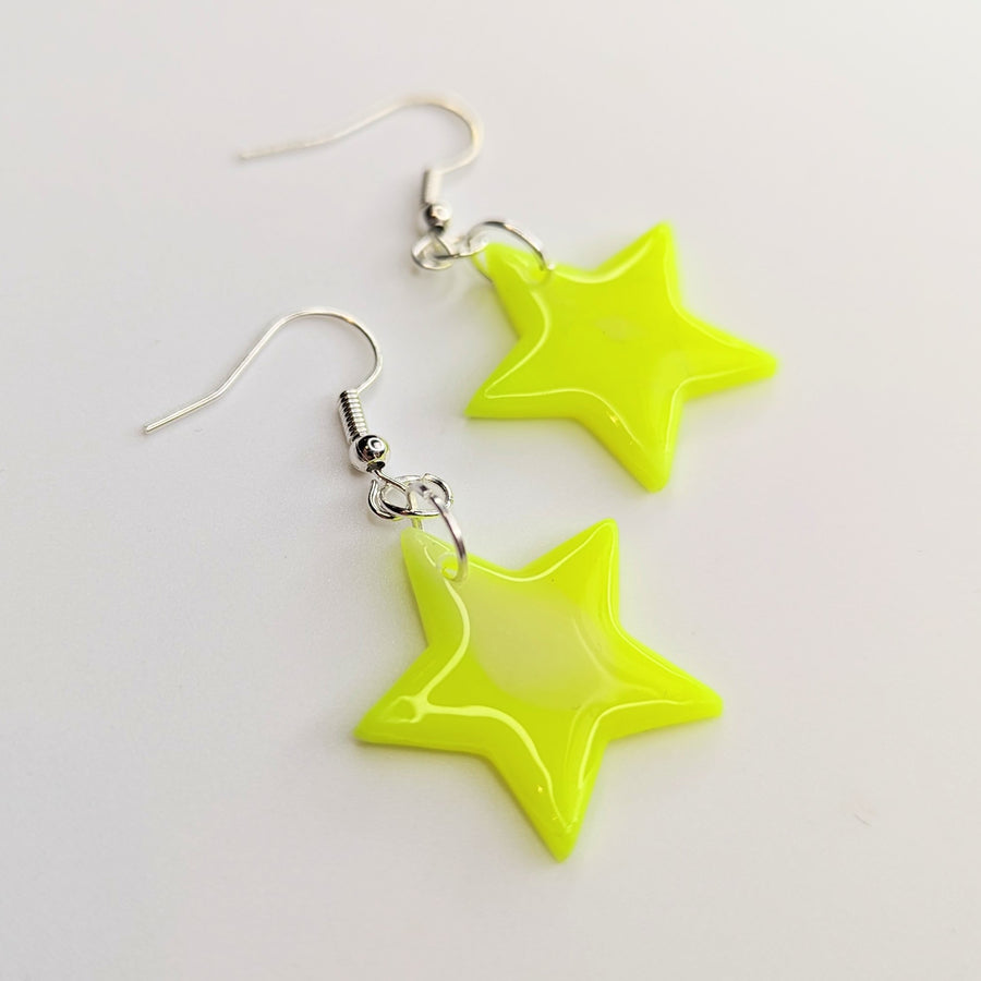 Marbled Neon Yellow & Glow in the Dark Star Drop Earrings