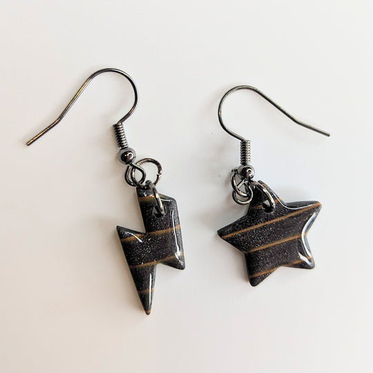 Bronze & Black Striped Star & Lightning Bolt Drop Earrings