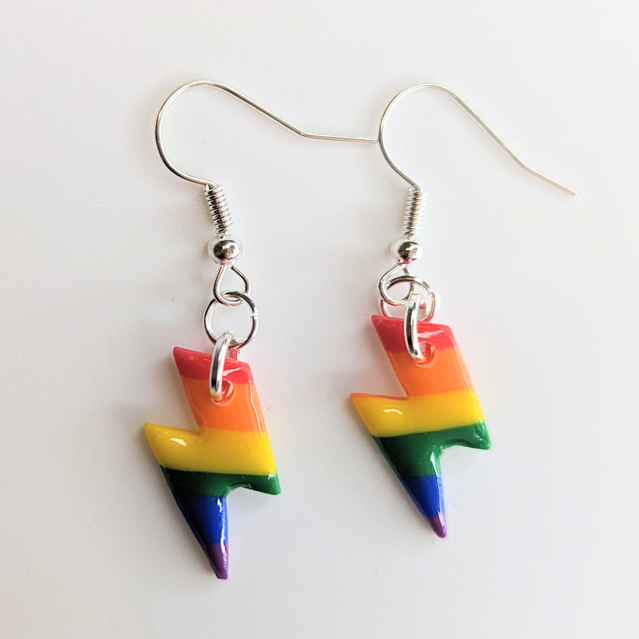 Cute Rainbow Pride Lightning Bolt Drops, Polymer Clay Earrings