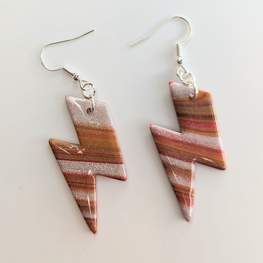 Striped Sparkly White & Biscuit Lightning Bolt Drop Earrings