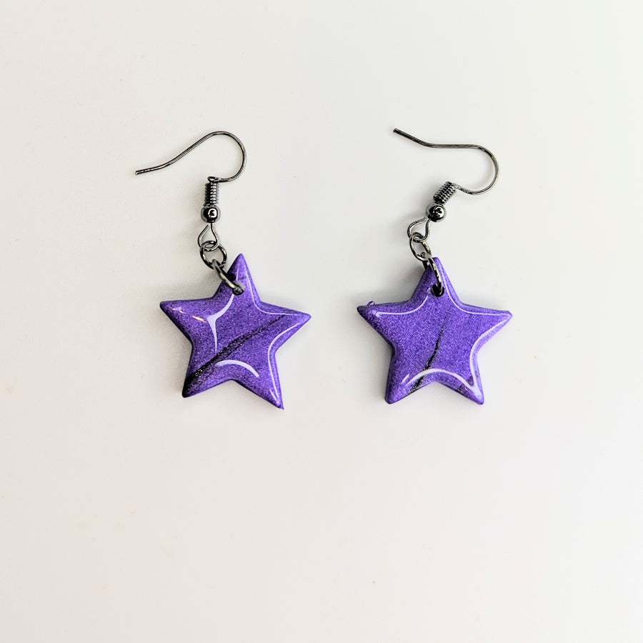 Marbled Purple & Black Sparkly Star Polymer Clay Earrings