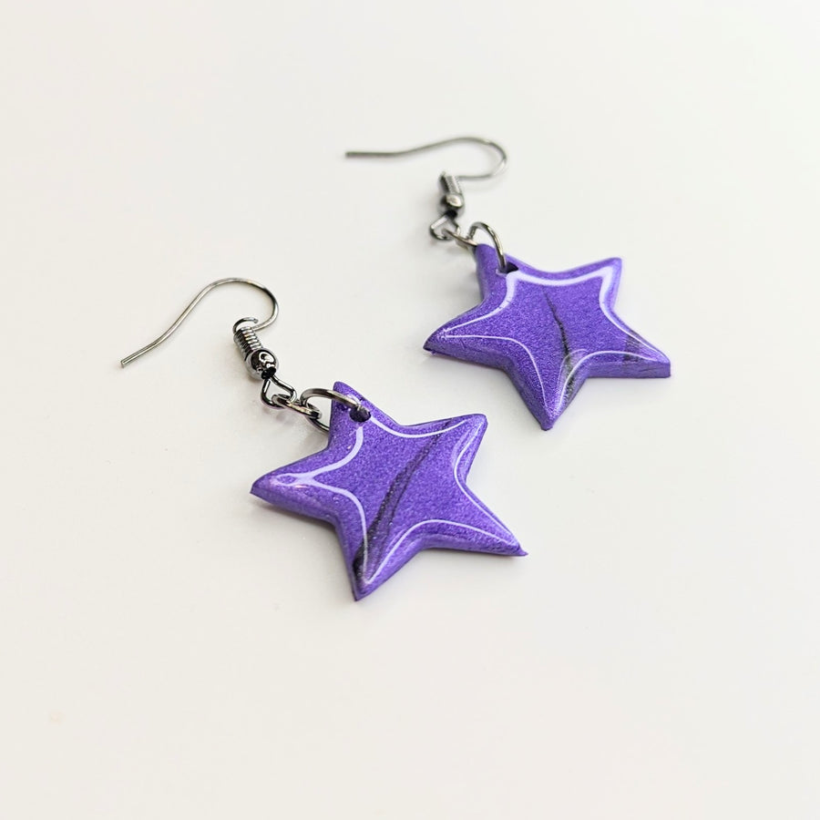 Marbled Purple & Black Sparkly Star Polymer Clay Earrings
