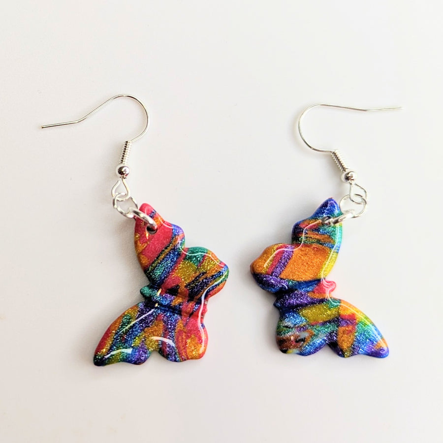 Marbled Pride Rainbow Sparkly Butterfly Earrings, LGBTQ+ Queer Jewellery