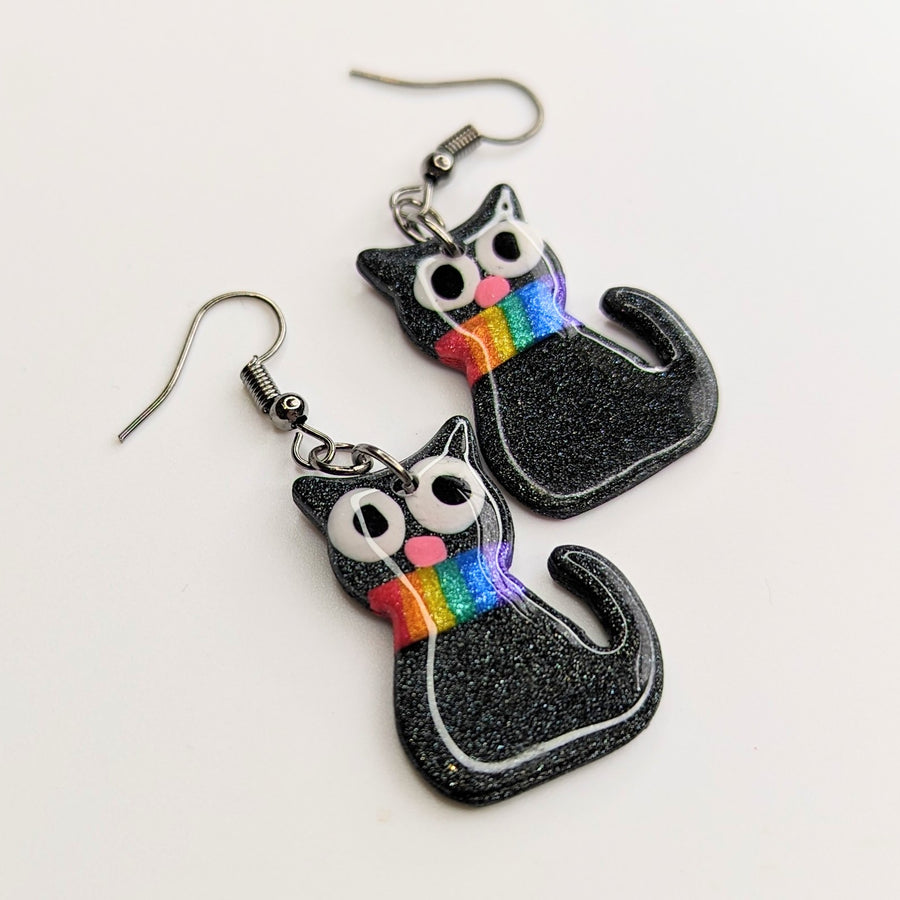 Pride Rainbow Sparkly Black Cat Earrings, LGBTQ+ Queer Jewellery