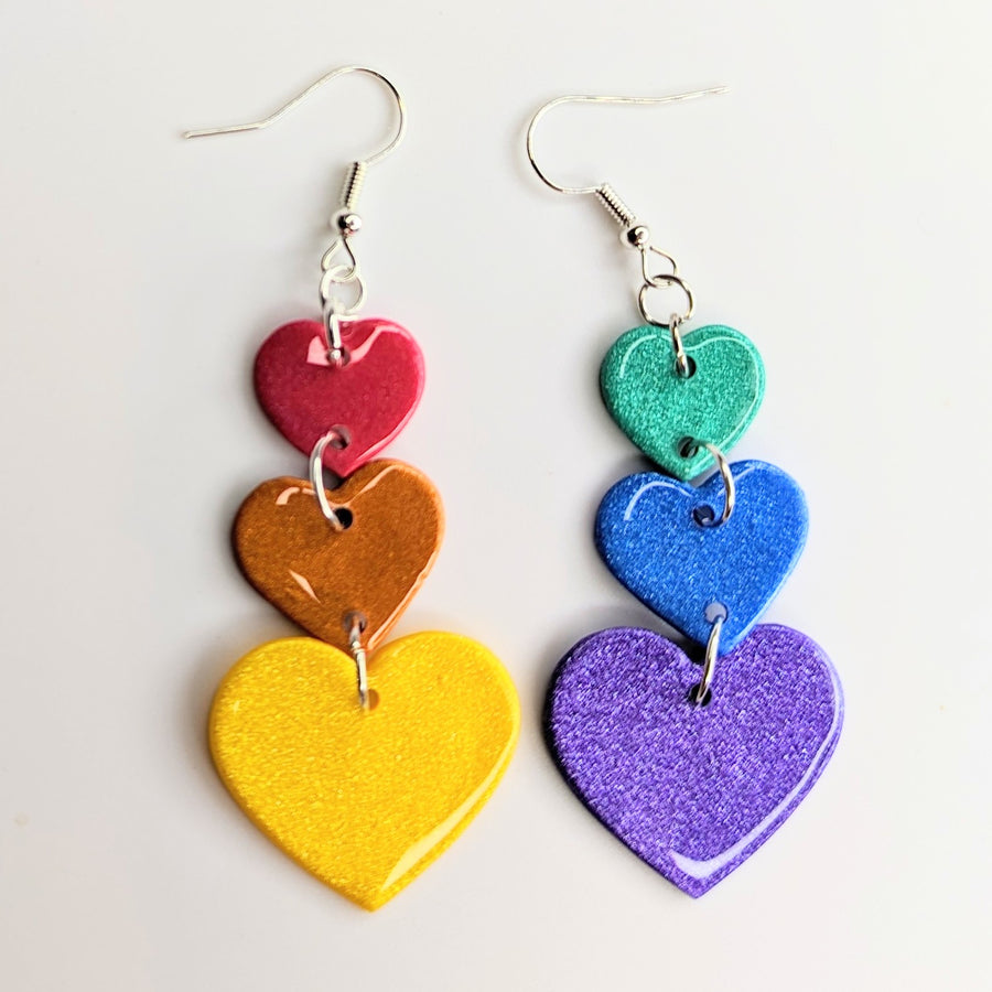 Rainbow Pride Triple Heart Statement Earrings, LGBTQ+ Queer Trapeze Earrings