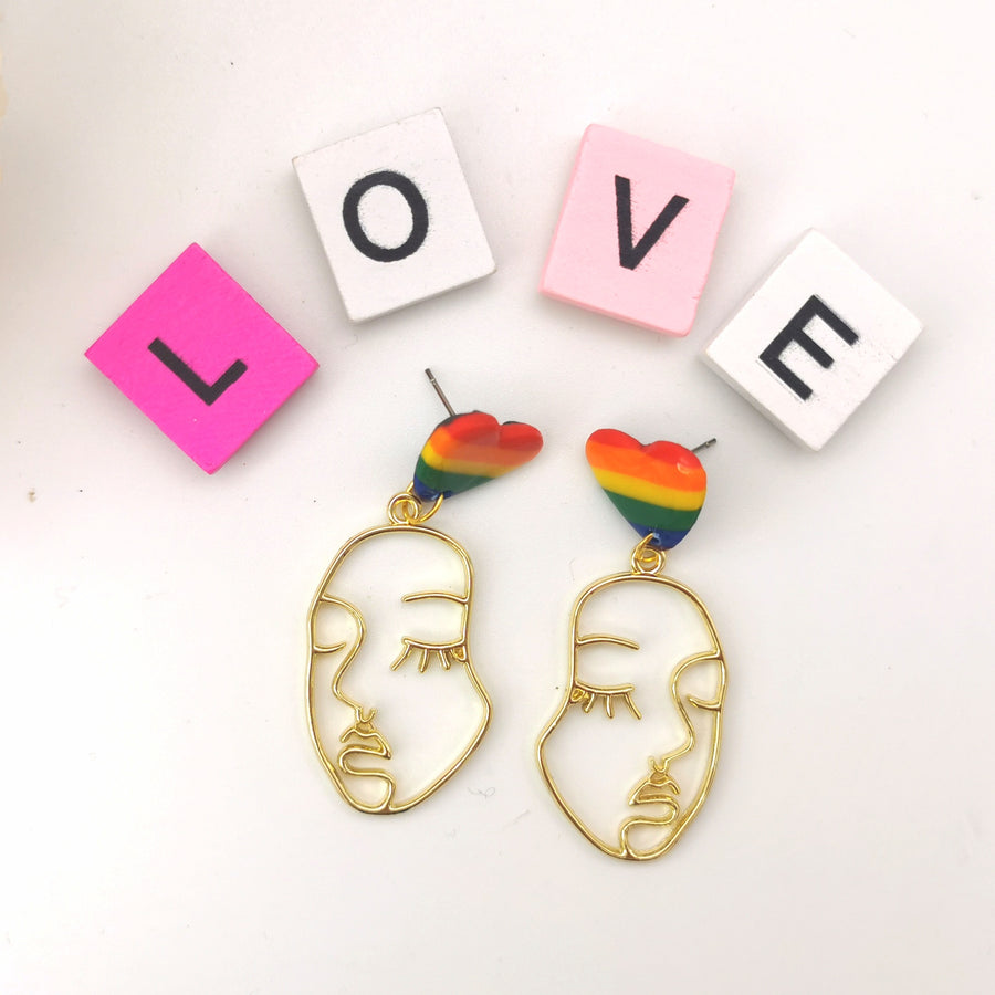 LGBTQ+ Pride Rainbow Polymer Clay Heart Face Trapeze Earrings